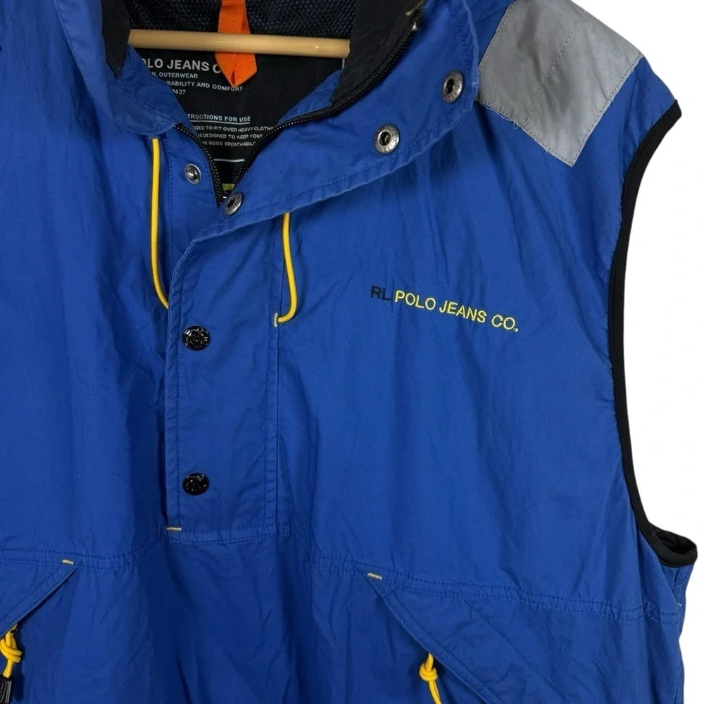 VINTAGE RARE 90s RL Polo Jeans Ripstop Nylon Hooded Vest Blue XL